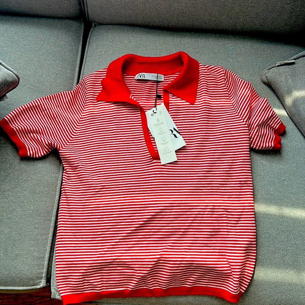 Zara red and white strip polo